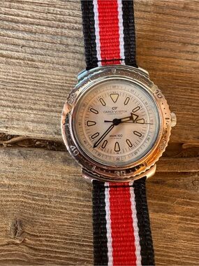 Cardi Vostok Silver Dial Watch with Red, Black & White NATO Strap